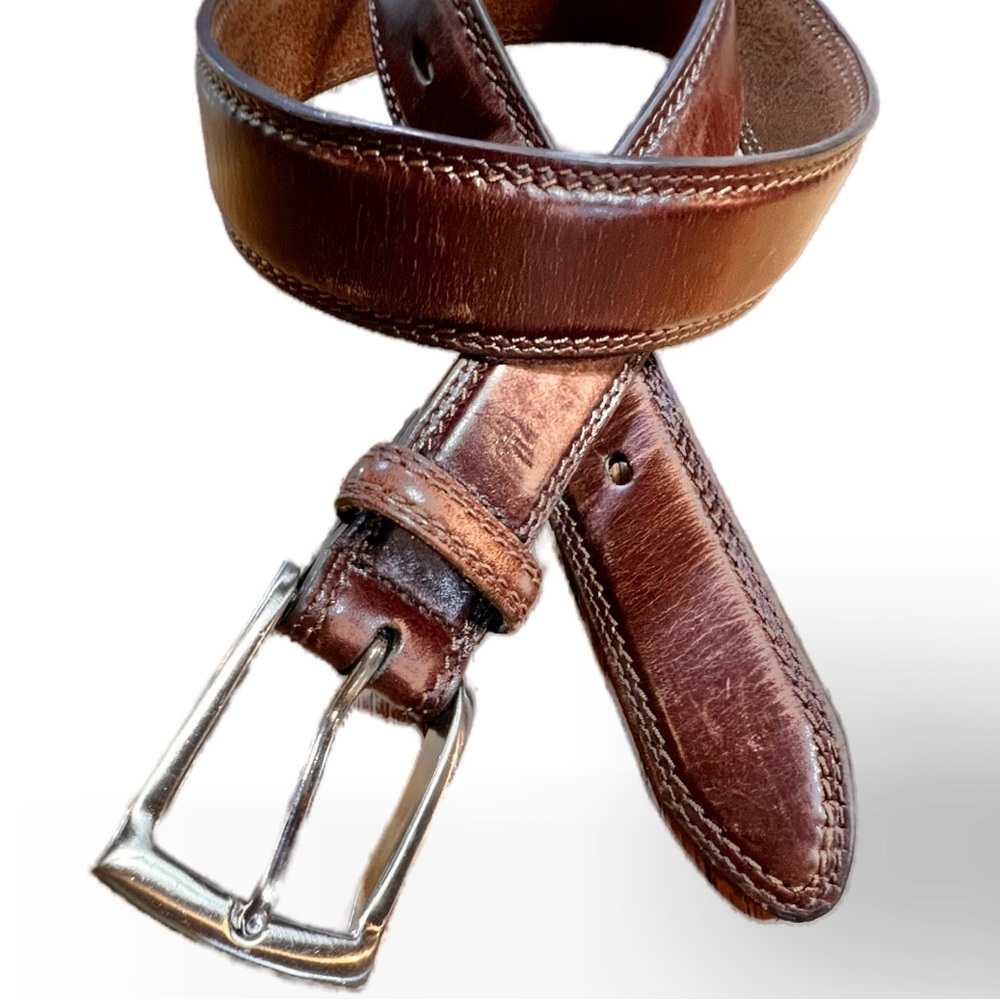VINTAGE‎ leather belt Dockers saddle brown silver buckle hardware size 36 90s